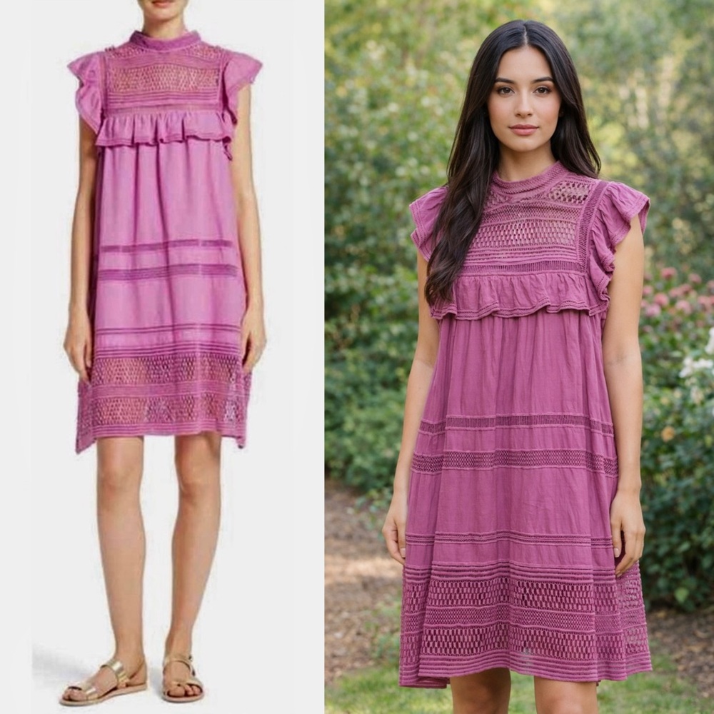 SEA NY Ruffle Trim Victorian Lace Yoke High Neck Tiered Boho Cottagecore Dress 2